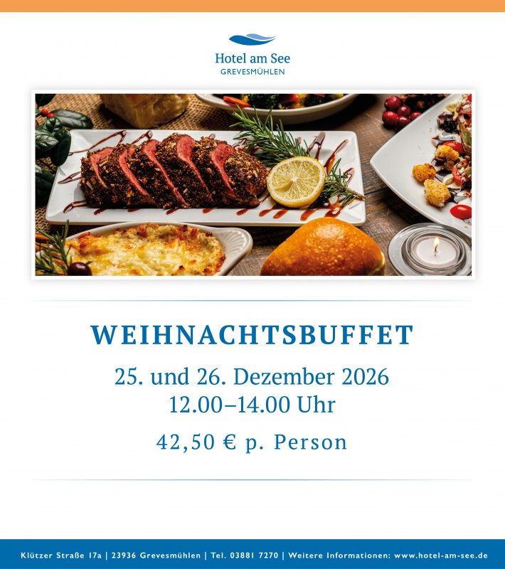 Feestelijk gedekte tafel met traditionele kerstgerechten, salades en zoete lekkernijen, aantrekkelijk gerangschikt. // &copy; spreepiraten&reg;