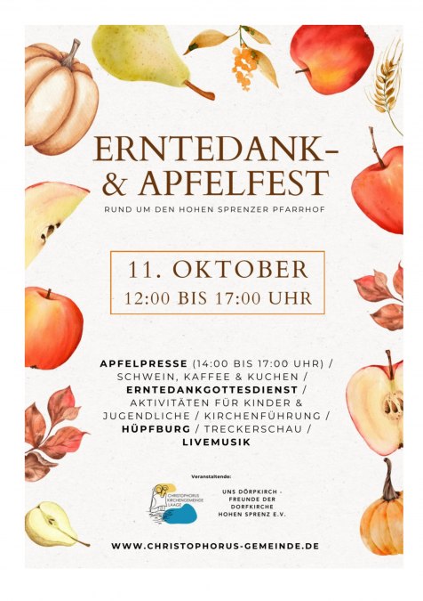Flyer harvest and apple festival 11.10.2025, © Uns Dörpkirch-Freunde der Dorfkirche Hohen Sprenz e.V.
