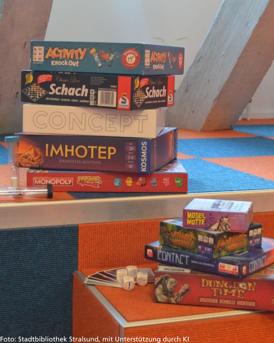 Kilka gier planszowych ułożonych jedna na drugiej, © Stadtbibliothek Stralsund