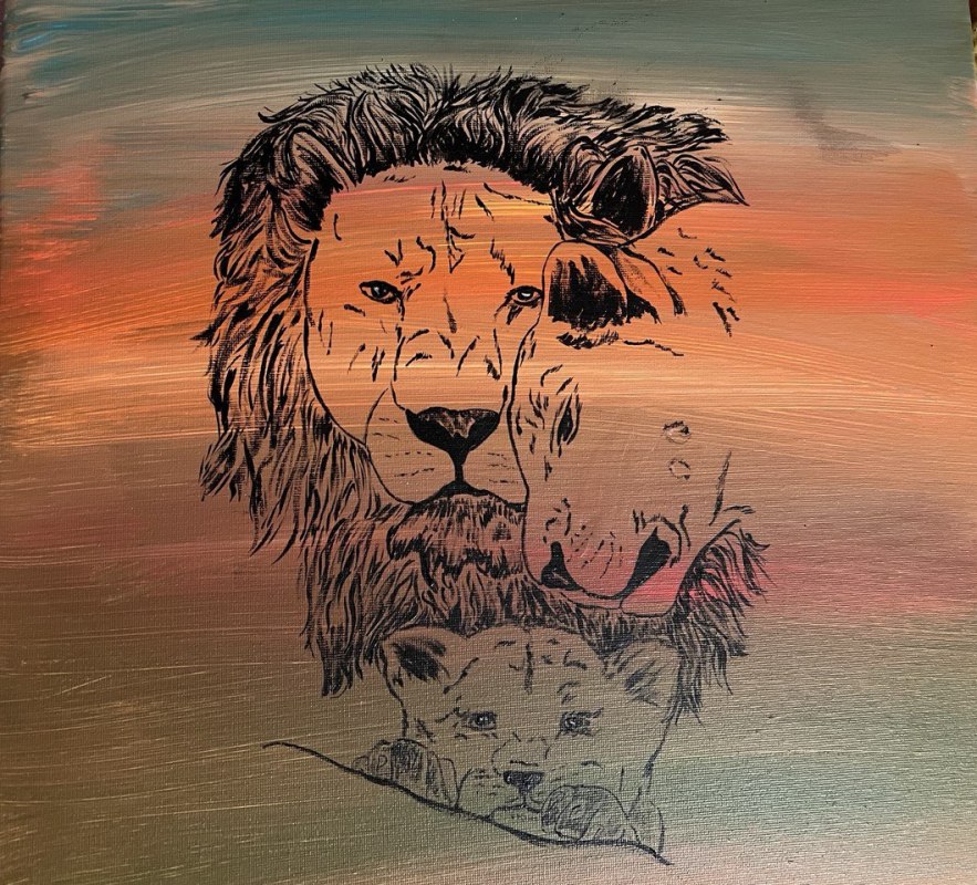 Painting in Acrylic by Kathy H-Teufel Lion Family, &copy; Wolfgang Hube