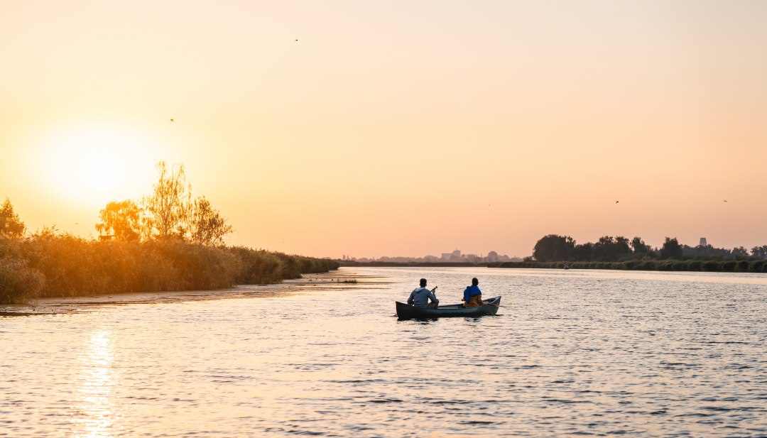 Ciesz się ciszą na Peene - wieczorna wycieczka kajakiem przez krajobraz rzeki oferuje czyste doświadczenie natury i niezapomniane zachody słońca. Ludzie Wei wiosłują w kajaku o zachodzie słońca przez spokojny krajobraz rzeki Peene.
