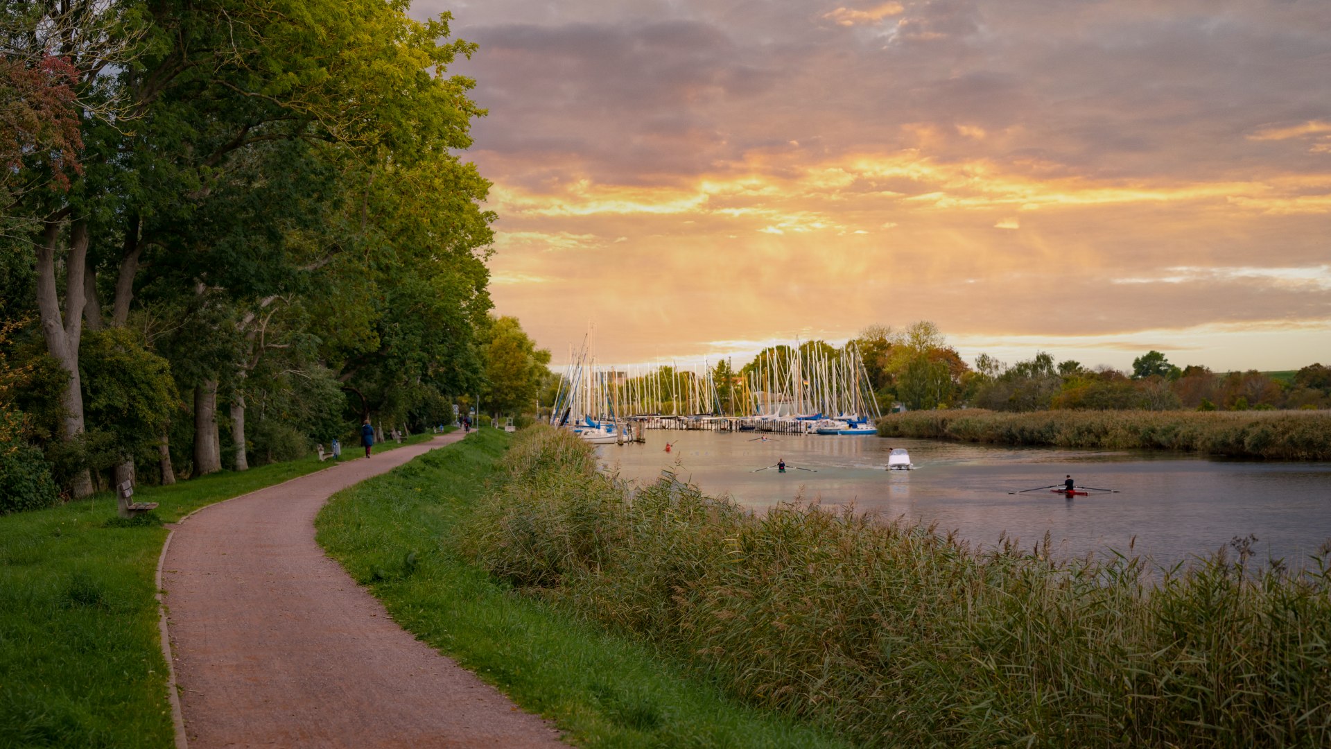 In de tijd van Friedrich een jaagpad, tegenwoordig een joggingroute langs de rivieroever tussen de haven en de zee in Greifswald. Roeiers peddelen langs de rivier.
