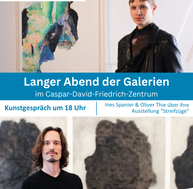 Art talk between Ines Spanier (above) and Oliver Thie (below) // © ©Caspar-David-Friedrich-Gesellschaft e. V., Foto: Johanna Duffe 2026 Art talk between Ines Spanier (above) and Oliver Thie (below) // © ©Caspar-David-Friedrich-Gesellschaft e. V., Foto: Johanna Duffe 2026