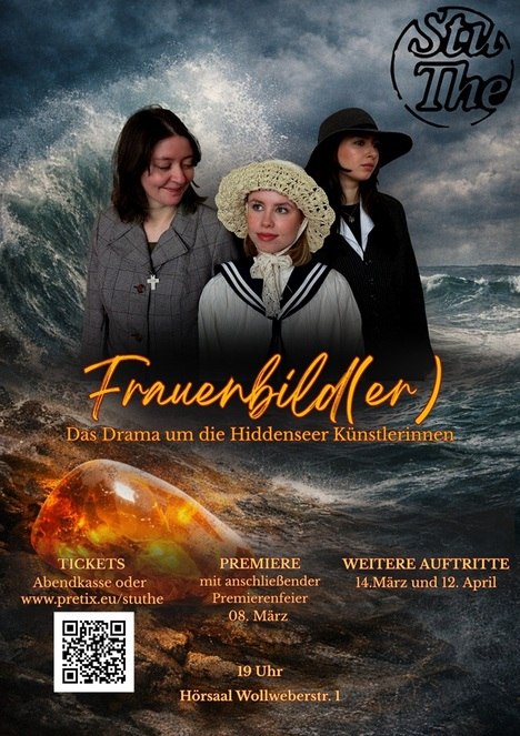 Flyer design for the event: Three women standing before rolling waves against a backdrop of amber glow // © StuThe Greifswald e.V. Flyer design for the event: Three women standing before rolling waves against a backdrop of amber glow // © StuThe Greifswald e.V.