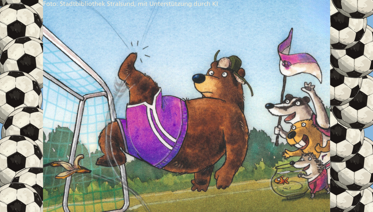 Fragment van de boekomslag, een B&ouml;r in een kort paars gymshortje schiet op het voetbaldoel, andere dieren juichen aan de zijlijn en zwaaien met een vlag, &copy; Stadtbibliothek Stralsund
