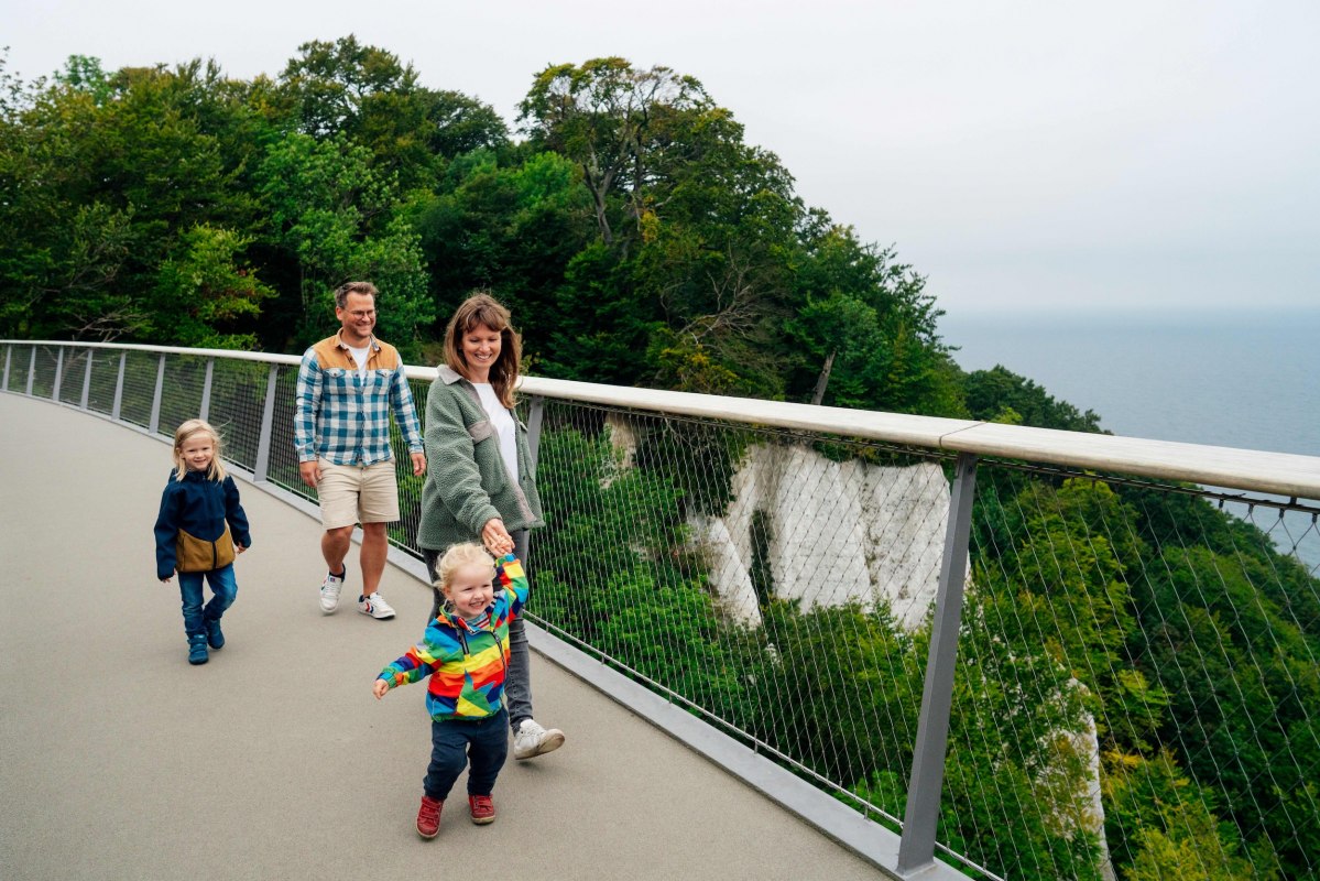 Several people on a viewing platform with railings, enjoying a wide view over the green landscape. // &copy; Nationalpark-Zentrum K&Ouml;NIGSSTUHL / Dan Petermann