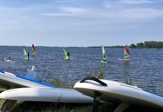 Sommerliche Stimmung am Salzhaff in Rerik: Windsurf Grundkurs und Verleih in entspannter Atmosph&auml;re. Flaches Wasser, Natur und viel Platz bieten ideale Bedingungen f&uuml;r Anf&auml;nger und sorgen f&uuml;r ein unvergessliches Wassersporterlebnis an der Ostsee. // &copy; Henning Schult