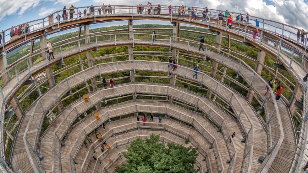 In het midden van de uitkijktoren staat een 30 meter hoge, 85 jaar oude koperen beuk., © Erlebnis Akademie AG / Naturerbe Zentrum Rügen