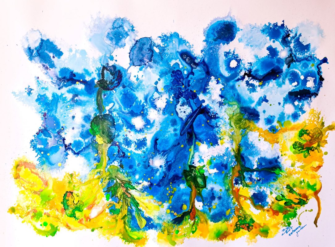 Autumn garden - acrylic inks on Finn paper - Painting in the neighbor's garden in the sunshine, scent of ripening pears & birdsong for inspiration // &copy; Barbara Harder-Lutz