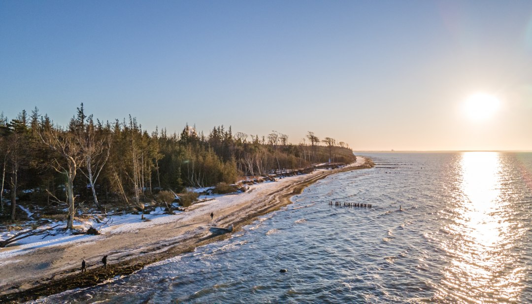 Winterstrand bij Torfbrücke Graal-Müritz met besneeuwde bomen, glinsterende Baltische Zee en een zonsondergang aan de horizon. // Winterrust op het strand van Torfbrücke: Besneeuwde bossen, glinsterende golven van de Oostzee en een schilderachtig kustlandschap nodigen uit tot een wandeling. // © MV-T/Scholz-Witzel Winterstrand bij Torfbrücke Graal-Müritz met besneeuwde bomen, glinsterende Baltische Zee en een zonsondergang aan de horizon.