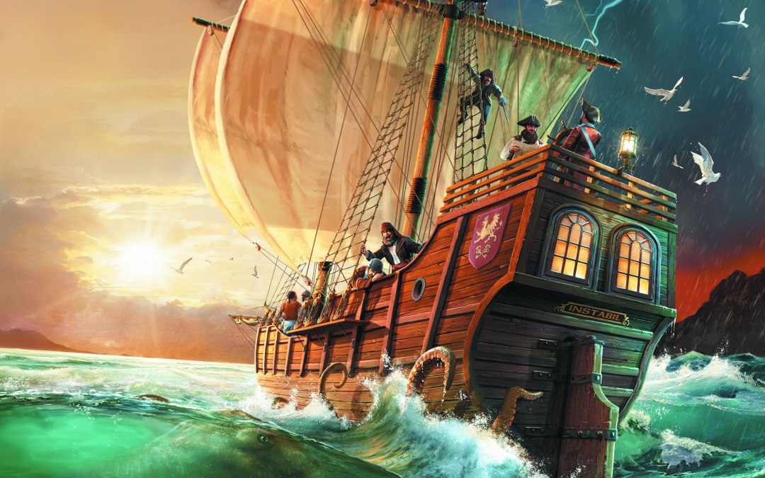 Een radertje vaart de zonsondergang tegemoet in een stormachtige zee., © Funtails