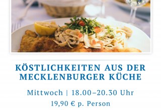 Rustically prepared regional specialties from Mecklenburg, e.g. fish, meat and fresh side dishes, appetizingly presented. // &copy; spreepiraten&reg;