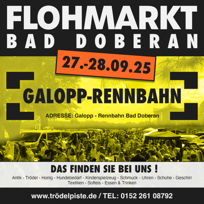 Adres: Galopp - Rennbahn Bad DoberanOPŁATY ZA STOISKO:Towary używane / rękodzieło: 8 €/metrNowe towary (ograniczone): 12 €/metrINFORMACJE DLA HANDLOWCÓW:Ustawianie w piątki od 12:00Sobota/niedziela od 6:00Demontaż od 16:00WAŻNE UWAGI:Handlowcy, którzy stoją na naszych targach przez dwa dni, płacą 1 € za metr mniej drugiego dnia wydarzenia.Możemy użyć paragonu, aby śledzić, kto bierze udział w obu dniach wydarzenia., © Lennard Kuhring