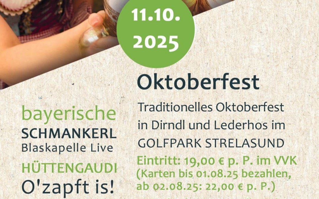 Flyer met technische details voor het Oktoberfest 2025 op Golfpark Strelasund., © Golfpark Strelasund