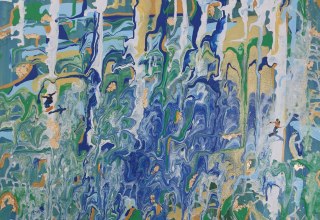 Bild mit der Gie&szlig;technik Acrylic Pouring mit einem Snowboarder und einem Skifahrer // &copy; Isabel Wurlich