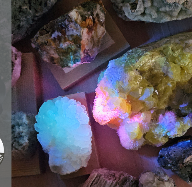 Stenen uit de geologische collectie van het Müritzeum verlicht met UV-licht, © Karin Franz/Müritzeum
