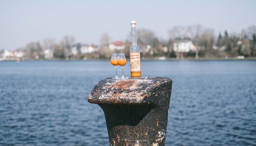 Mecklenburg sea buckthorn liqueur with two guests at the harbor