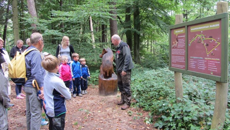 Gezinnen gaan op zoek naar aanwijzingen op het avonturenpad in het bos van Dargun // © Stadtinformation Dargun Gezinnen gaan op zoek naar aanwijzingen op het avonturenpad in het bos van Dargun // © Stadtinformation Dargun