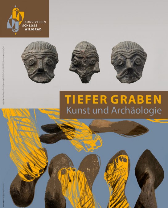 © Doppelgesichtiger Skulptur-Kopf aus der Slawenzeit. Kupferlegierung. 3,1 x 2,3 x 2,5 cm. Fundort: Alt-Tellin LAKD M-V, Landesarchäologie, Foto: Andreas Paasch   Christine Lengtat: Foot Tales. digitale Collage / Zeichnung. 2024
