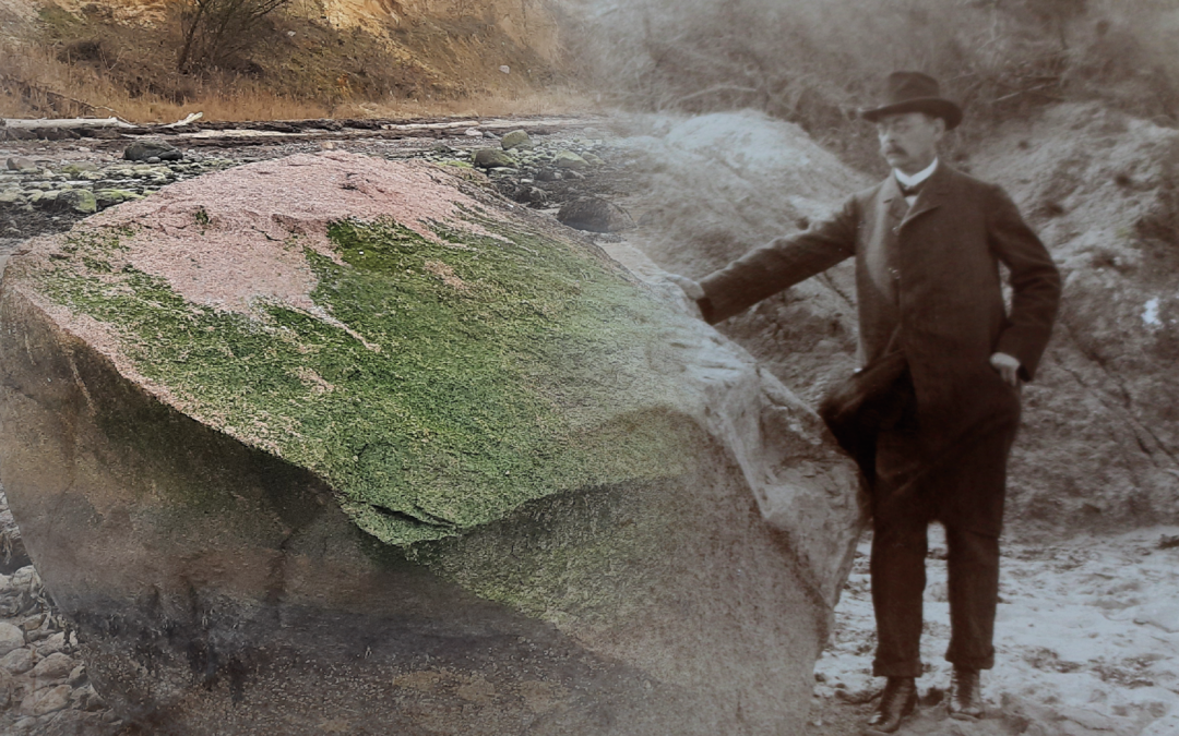 Photo collage of an old photo by Eugen Geinitz on a boulder with a modern photo., © Müritzeum