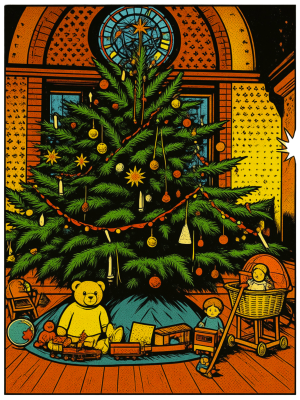 Juletr&aelig;et i festsalen i M&ouml;ckelhaus, udformet i stil med en tegning fra en eventyrbog. // &copy; Stadt- und B&auml;dermuseum Bad Doberan