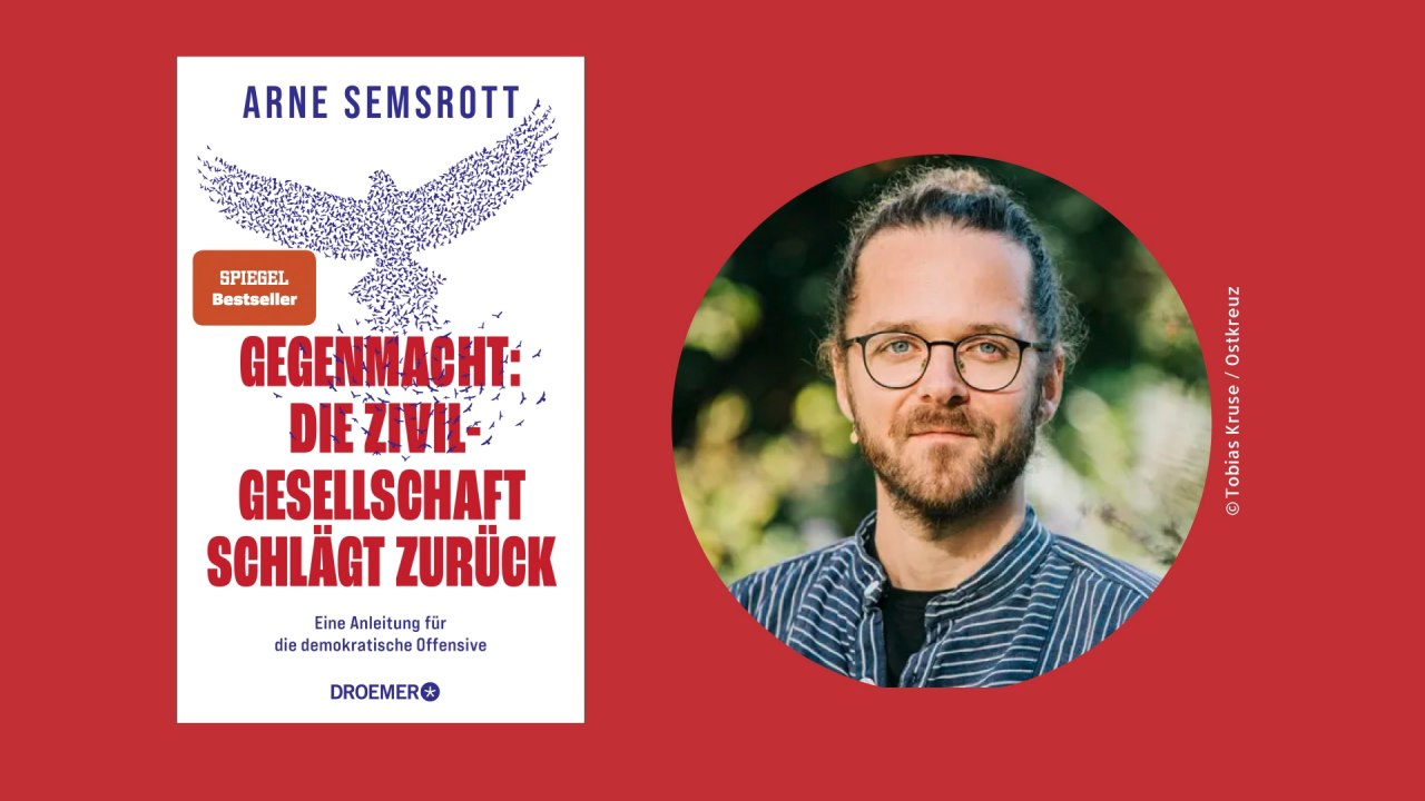 Book cover and author photo for "Gegenmacht: Civil Society Strikes Back" by Arne Semsrott // © Tobias Kruse / Ostkreuz Book cover and author photo for "Gegenmacht: Civil Society Strikes Back" by Arne Semsrott // © Tobias Kruse / Ostkreuz