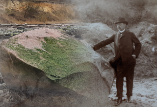 Photo collage of an old photo by Eugen Geinitz on a boulder with a modern photo, © Müritzeum