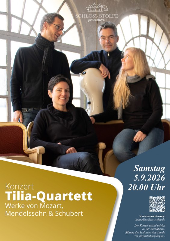 The image shows the four musicians of the Tilia Quartet, incorporated into the castle's logo, along with details about the concert // © Kommunikationsdesign Gottert The image shows the four musicians of the Tilia Quartet, incorporated into the castle's logo, along with details about the concert // © Kommunikationsdesign Gottert