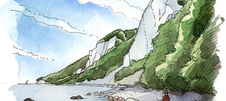 Tekening die laat zien hoe Caspar David Friedrich destijds onderaan de K&ouml;nigsstuhl zou kunnen hebben gezeten om schetsen te maken. // &copy; Jakob Knapp
