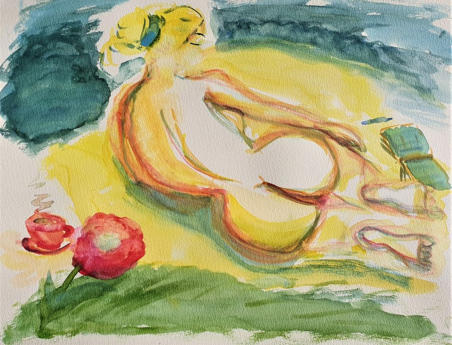 Kobieta nago na plaży w Bansin, z książką, oł&oacute;wkiem i filiżanką cappuccino technika mieszania akwareli z kolorami i oł&oacute;wkami na papierze, &copy; Heike Dittrich