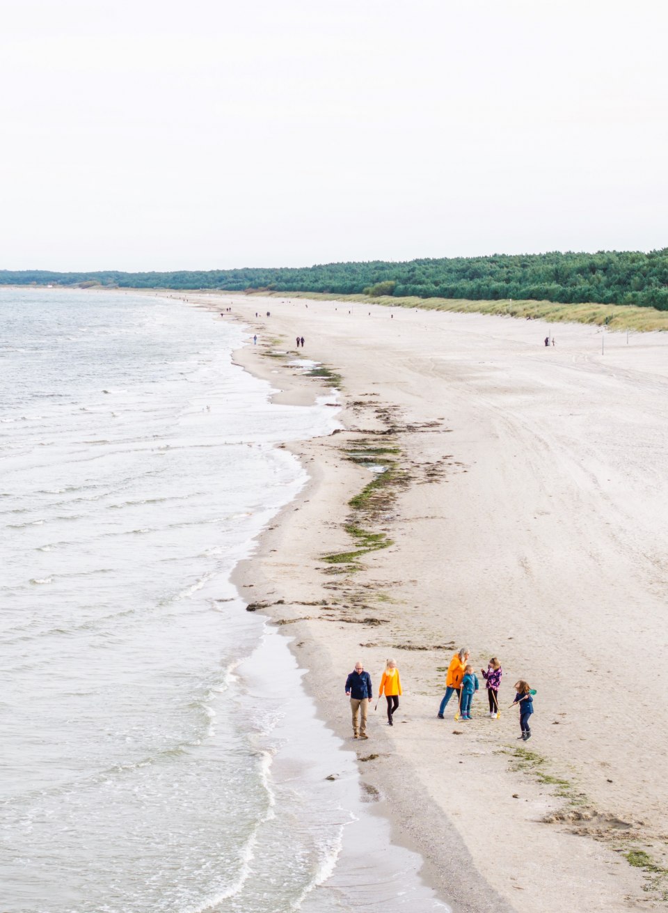 Widok z lotu ptaka na długą, piaszczystą plażę z grupą ludzi spacerujących wzdłuż brzegu, otoczoną morzem i zielonymi wydmami.
