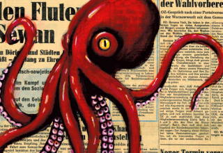 Op een historische krant uit de Oostzee is een grote rode octopus geschilderd. // © Ranko Strey Op een historische krant uit de Oostzee is een grote rode octopus geschilderd. // © Ranko Strey