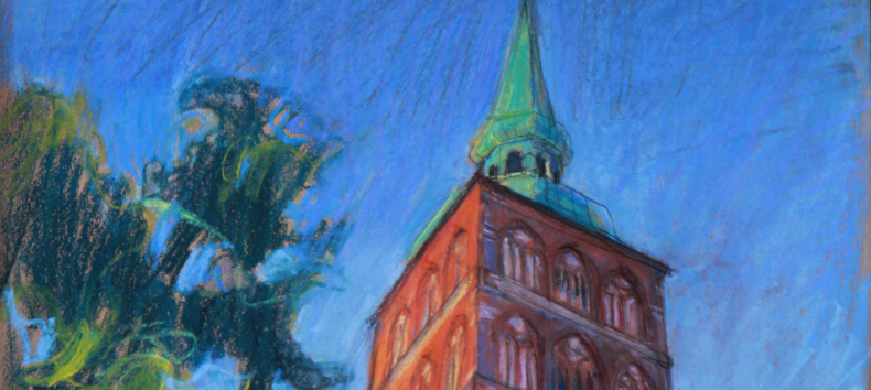 Drawn church tower with green treetop against a blue sky, &copy; Hilmar Noerenberg