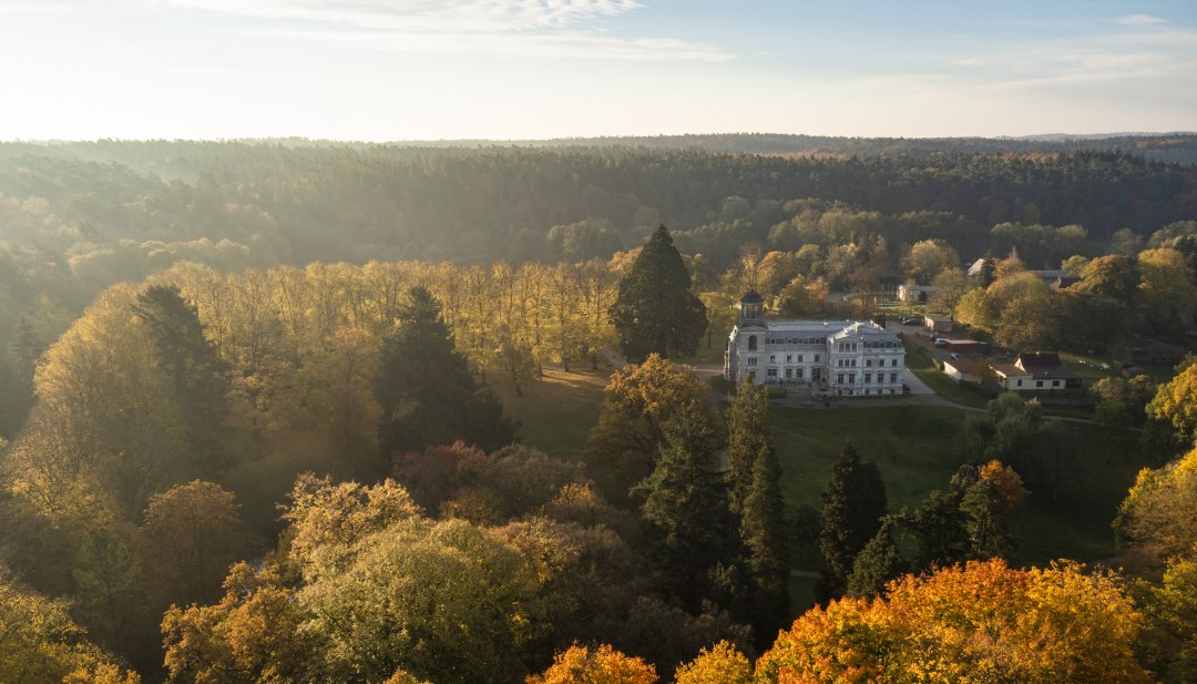 Autumn magic in the castle park - the elegant manor house is nestled in colorful treetops and invites you to take a walk in a dreamlike natural setting., © Stefan von Stengel Aerial view of a castle in the midst of autumn-colored trees, surrounded by an extensive park and wooded landscape.