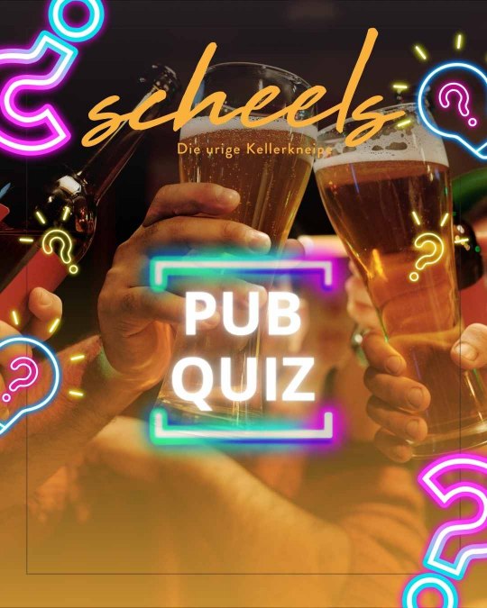 Pubquiz bij Scheels - "Vragen, vrienden, sluitingstijd".Heldere geesten, koud bier en knetterende spanning - welkom bij de pubquiz bij Scheels.Stel je kennis op de proef, lach om eigenzinnige vragen en vier je score met een koel drankje. Alleen, met vrienden of als team: hier telt niet alleen wat je weet, maar ook hoeveel plezier je hebt.Een gezellige quizreeks voor alle gasten die zin hebben in goed entertainment in een rustiek keldergewelf., © scheels