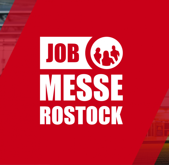 A diagonal red bar runs across the picture, with the Rostock job fair logo in white. In the background to the left is a group of schoolchildren, to the right the Ostseestadion., © HR Business GmbH