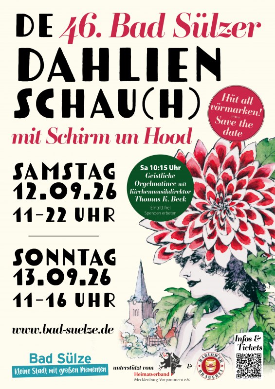 Affiche Dahlia-tentoonstelling(h) 2026 // © Stadt Bad Sülze Affiche Dahlia-tentoonstelling(h) 2026 // © Stadt Bad Sülze