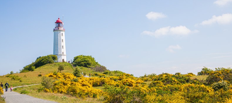 Punkt orientacyjny wyspy Hiddensee.
Jeśli odwiedzasz wyspę Hiddensee, po prostu nie możesz jej przegapić: latarnia morska Dornbuch! // &copy; Wei&szlig;e Flotte GmbH