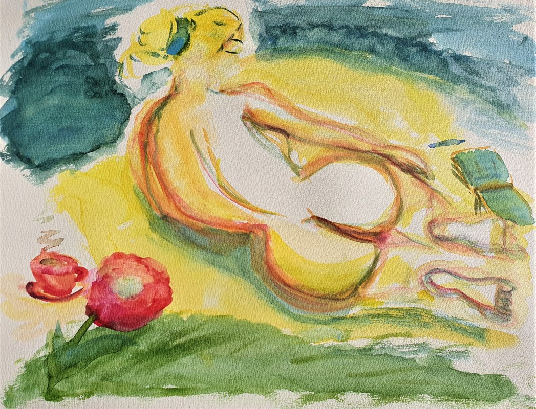 Kobieta nago na plaży w Bansin, z książką, ołówkiem i filiżanką cappuccino technika mieszania akwareli z kolorami i ołówkami na papierze // © Heike Dittrich Kobieta nago na plaży w Bansin, z książką, ołówkiem i filiżanką cappuccino technika mieszania akwareli z kolorami i ołówkami na papierze // © Heike Dittrich