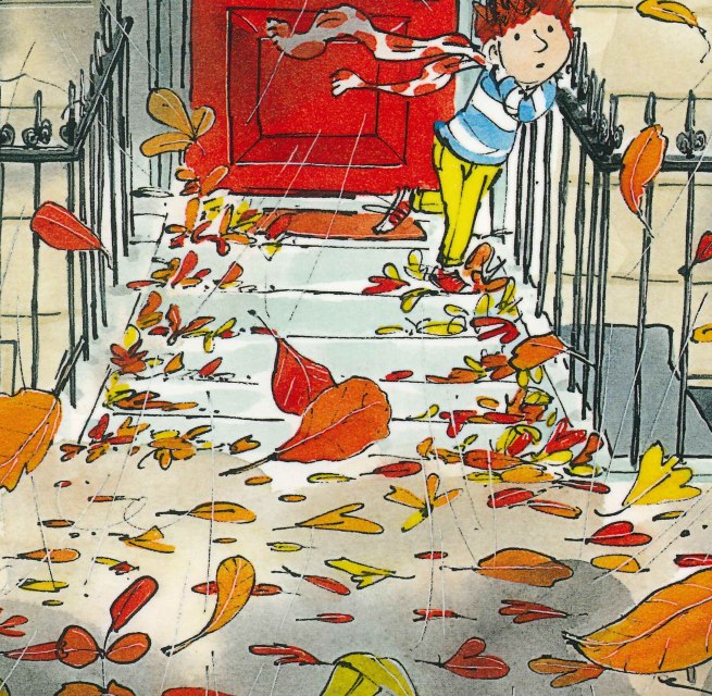 Narysowany obrazek przedstawia schody prowadzące do czerwonych drzwi wejściowych z ozdobną żelazną balustradą. Wszędzie fruwają i leżą jesienne liście., © Stadtbibliothek Stralsund