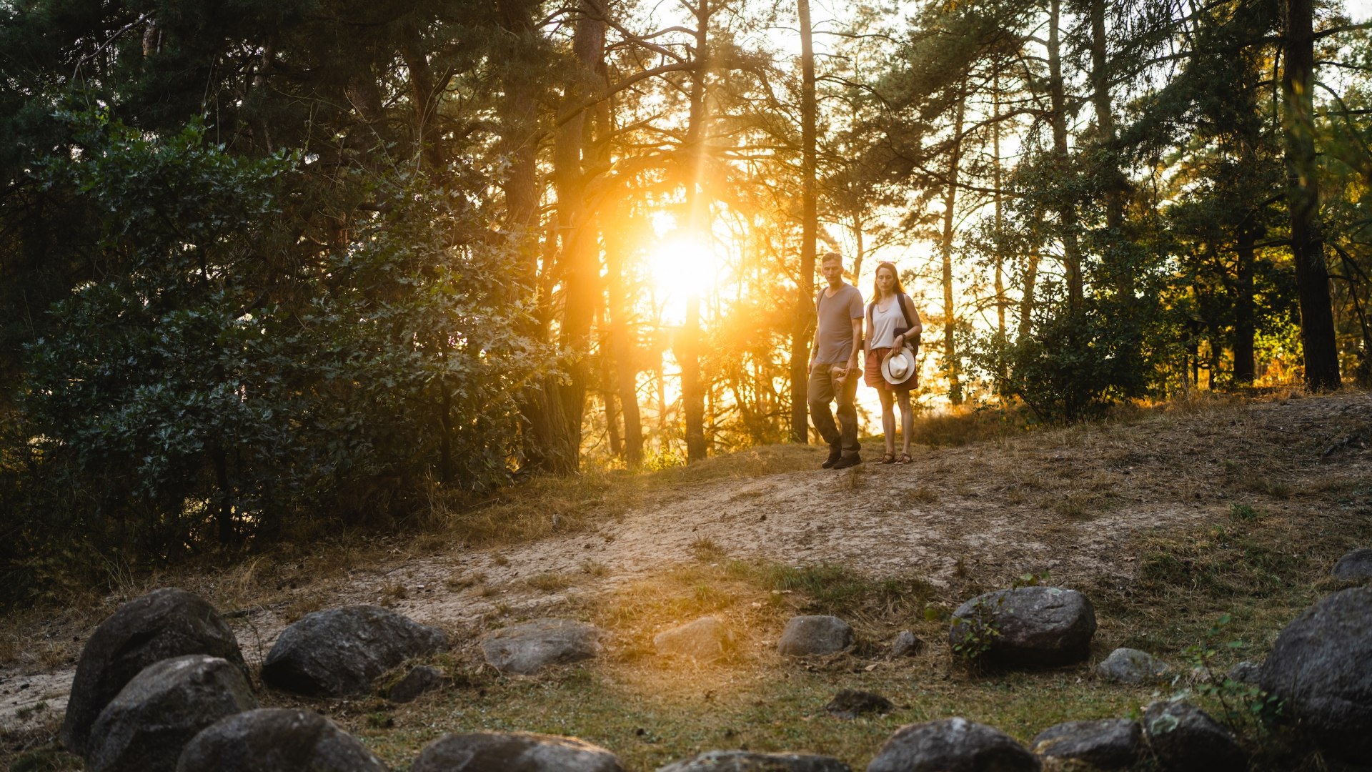 A couple walks at dusk to the historic Viking graves near Menzlin, surrounded by trees and warm light. // Mystical atmosphere - sunset at the Viking graves of Menzlin. // © MV-T/Gross A couple walks at dusk to the historic Viking graves near Menzlin, surrounded by trees and warm light.