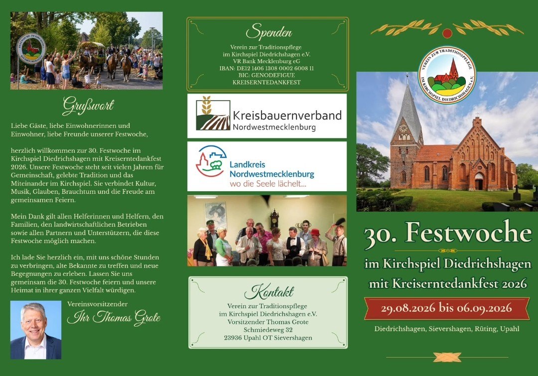 30e feestweek in de parochie Diedrichshagen met het districtsoogstfeest 2026. // © Verein zur Traditionspflege im Kirchspiel Diedrichshagen 30e feestweek in de parochie Diedrichshagen met het districtsoogstfeest 2026. // © Verein zur Traditionspflege im Kirchspiel Diedrichshagen
