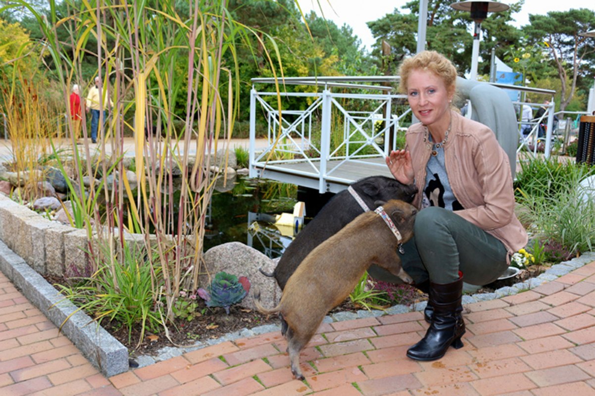 Owner Sabine Schlechter with her hotel lucky pigs Lulu & Roy // © Vineta Hotels Owner Sabine Schlechter with her hotel lucky pigs Lulu & Roy // © Vineta Hotels