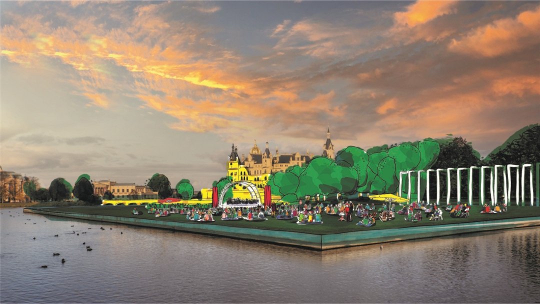 Wizualizacja Festiwalu Zamkowego na Pływającej Łące w Schwerinie w zasięgu wzroku Zamku Schwerin., © Mecklenburgisches Staatstheater