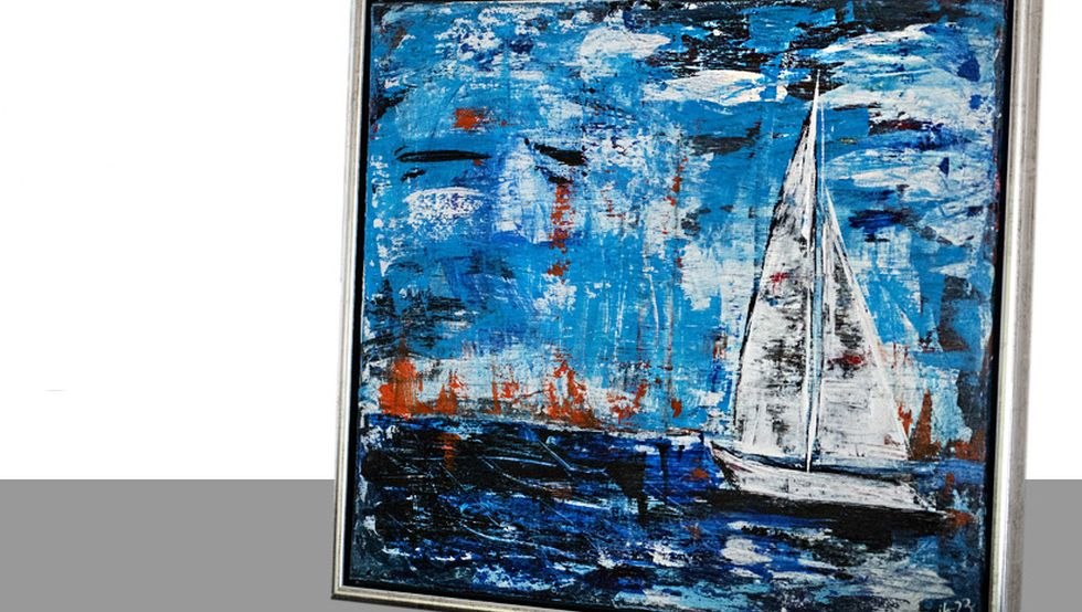 De eenzame zeeman, acrylschilderij 50x60 cm met lijst met schaduwvoeg, &copy; Jana Bath