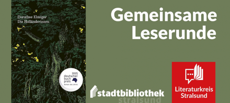 Book cover "Die Holländerinnen", a drawn forest with large, strong dark green trees, logo of the city library and the literary circle, © Literaturkreis Stralsund