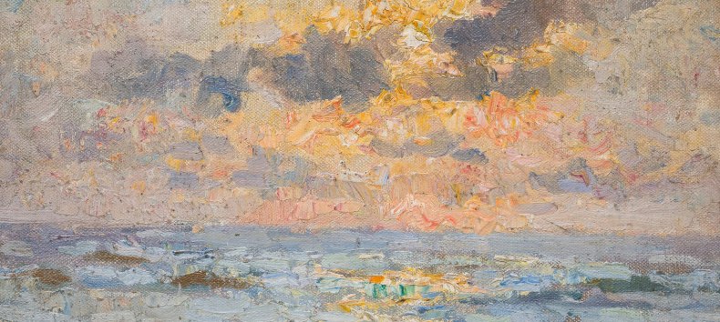Zeebrand bij zonsondergang, olieverf op doek, 25 x 28 cm. Museum Katwijk, collectie Genootschap Oud Katwijk, inv.nr. 6633, schenking Dietrich B // &copy; Dietrich B