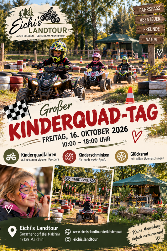 Children riding ATVs on a kids’ ATV course, with face painting and an event tent—a scene from the Kids’ ATV Day at Eichi’s Landtour. // © Eichis Landtour - KI gestützte Bildgestaltung Children riding ATVs on a kids’ ATV course, with face painting and an event tent—a scene from the Kids’ ATV Day at Eichi’s Landtour. // © Eichis Landtour - KI gestützte Bildgestaltung