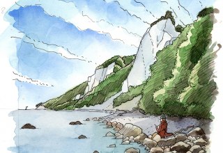 Zeichnung, wie Caspar David Friedrich damals unterhalb des K&ouml;nigsstuhls zum Skizzen zeichnen gesessen haben k&ouml;nnte. // &copy; Jakob Knapp
