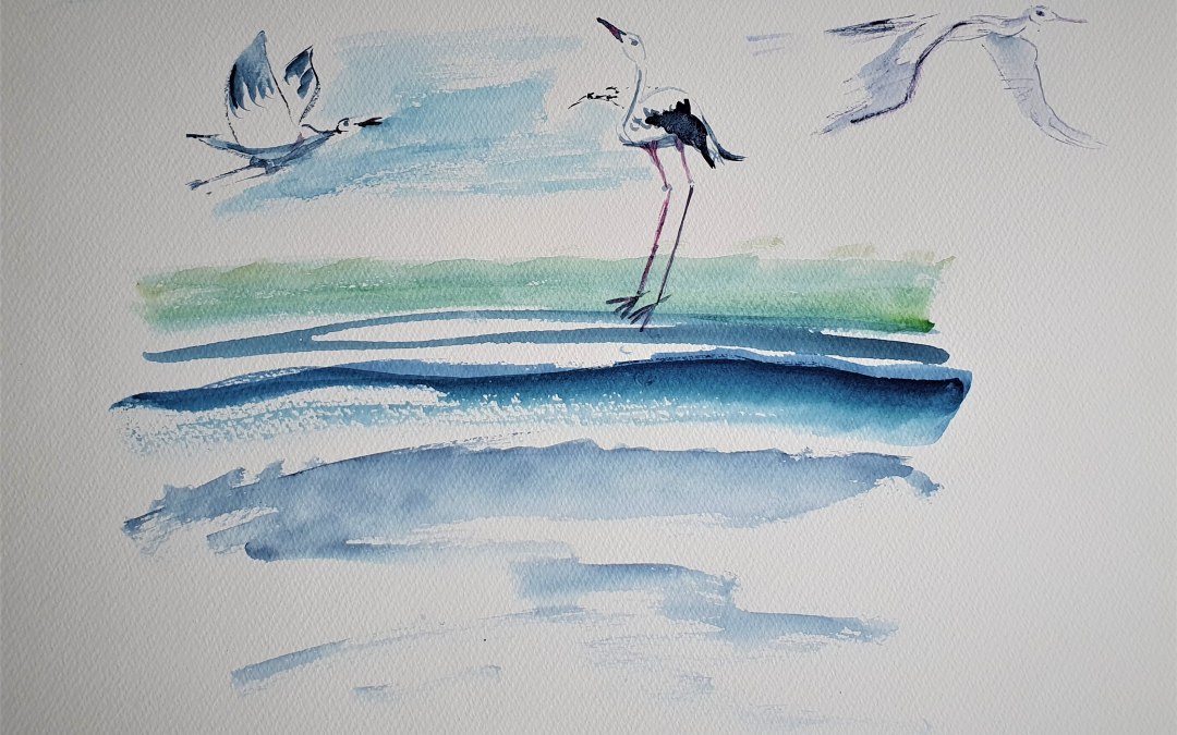 Flight and landing of storks by the seaWatercolor technique on paper, © Heike Dittrich